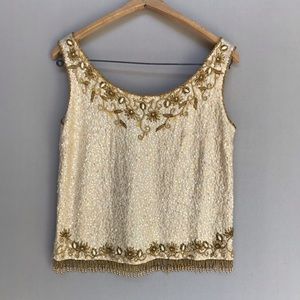 Vintage Beaded Top, Boho Gypsy Gold Cream Large